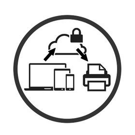 mobile printing icon with a computer, tablet, and phone connected to a secure cloud and printer