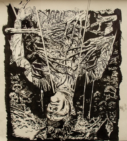 pen and ink drawing of person bound upside down