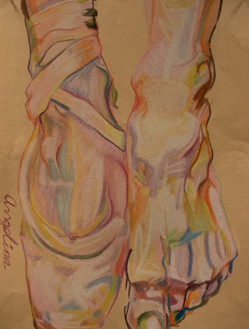 pastel of ballet dancer's feet and shoes on point