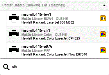 Screenshot showing printers in the Okeson Library Building.  Printers are described in the text to the right.