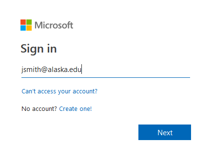 Office 365 login example shows where to enter email address and next button