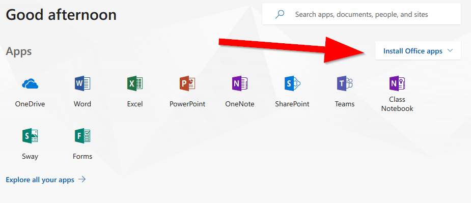 shows icons to select available Office 365 apps (OneDrive, Word, Excel, PowerPoint, OneNote, SharePoint, Teams, Class Notebook, Sway, and Forms) and button to install them
