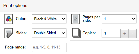 Print options are color.  Black and white is default.  Sides.  Souble sided is default.  Pages per side.  One is default.  Copies.  One is default.  Page range.  All pages will print by default. 